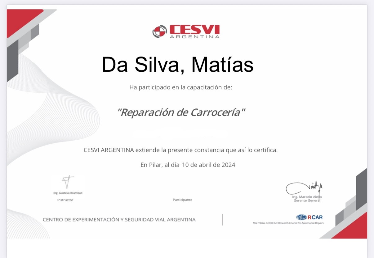 Certificado Técnico CESVI Argentina - Carrocería